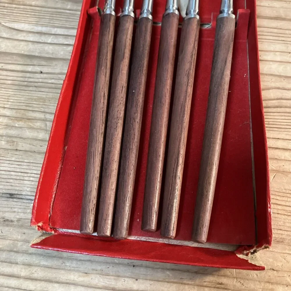 VTG Decorative Fork Lot - Long Wood Handles Japan - Small Gold Tone Set In Boxes